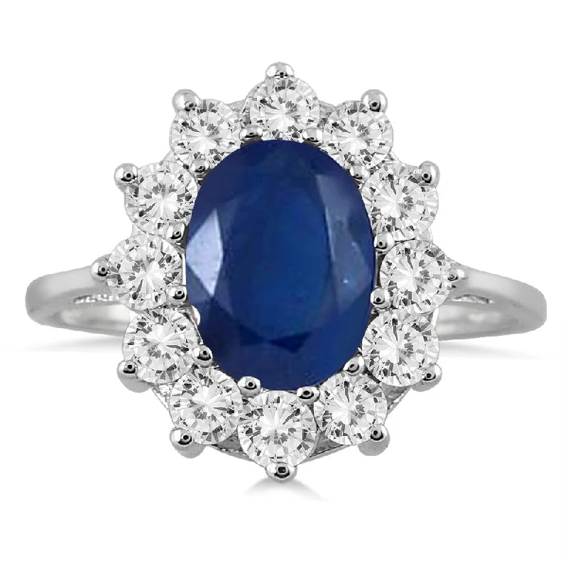 Women’s modern ring-1 Carat Diamond and Sapphire Ring in 14K White Gold