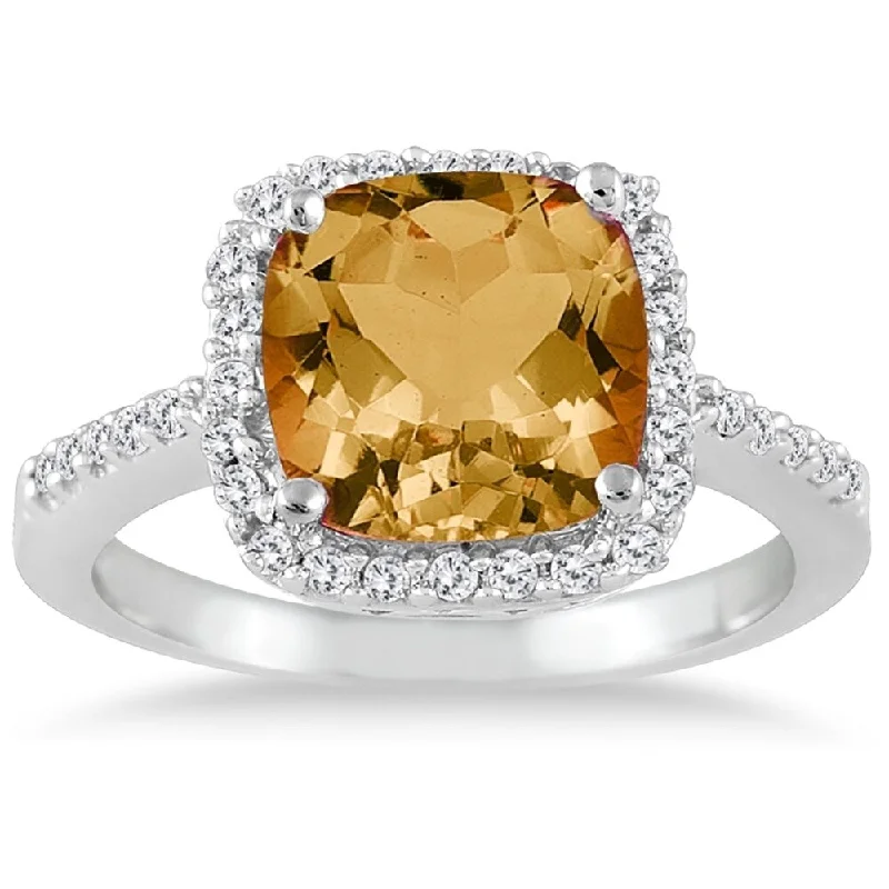 Women’s minimalist ring-2 1/2 Carat Cushion Cut Citrine and Diamond Ring 14K White Gold