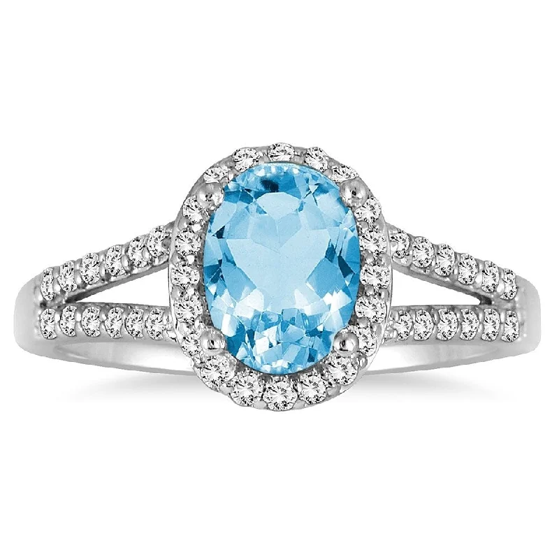 Women’s radiant-cut ring-1 1/4 Carat Oval Blue Topaz and Diamond Ring in 10K White Gold