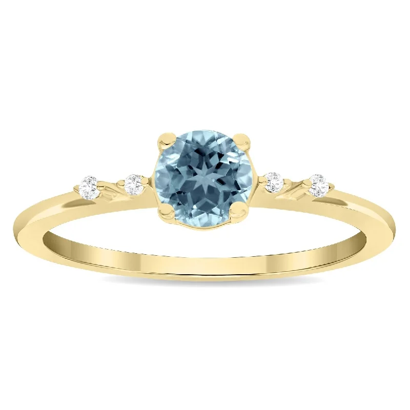 Women’s diamond ring-Women's Round Shaped Aquamarine and Diamond Sparkle Ring in 10K Yellow Gold