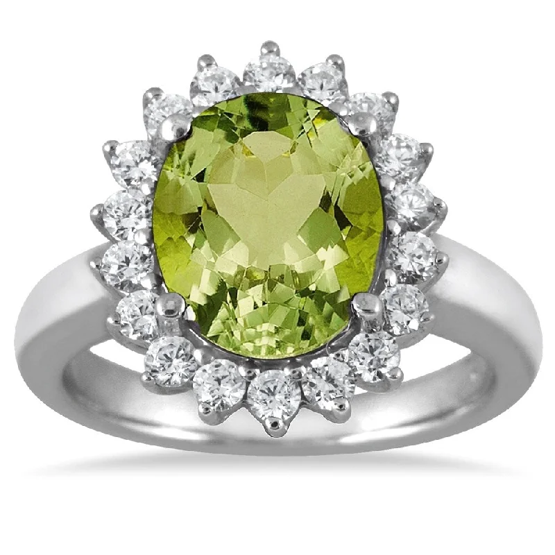 Women’s heart-shaped ring-4 Carat Peridot and Diamond Ring in 14K White Gold