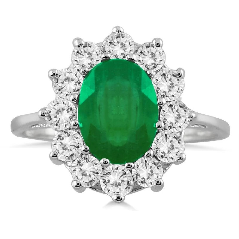 Women’s cubic zirconia ring-3 Carat TW Diamond and Emerald Ring in 14K White Gold