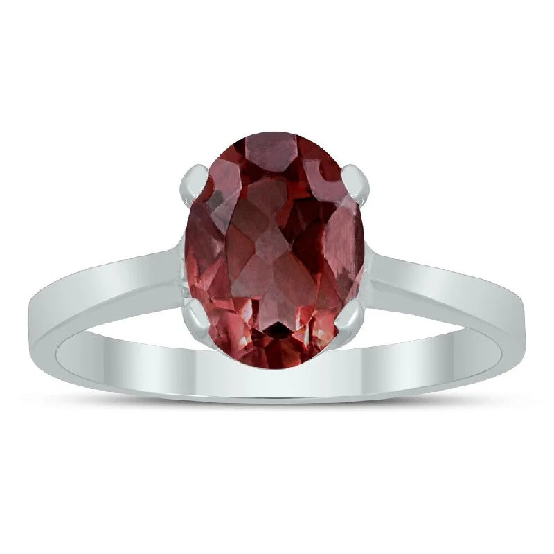 Women’s diamond engagement ring-Oval Solitaire 8X6MM Garnet Ring in 10K White Gold