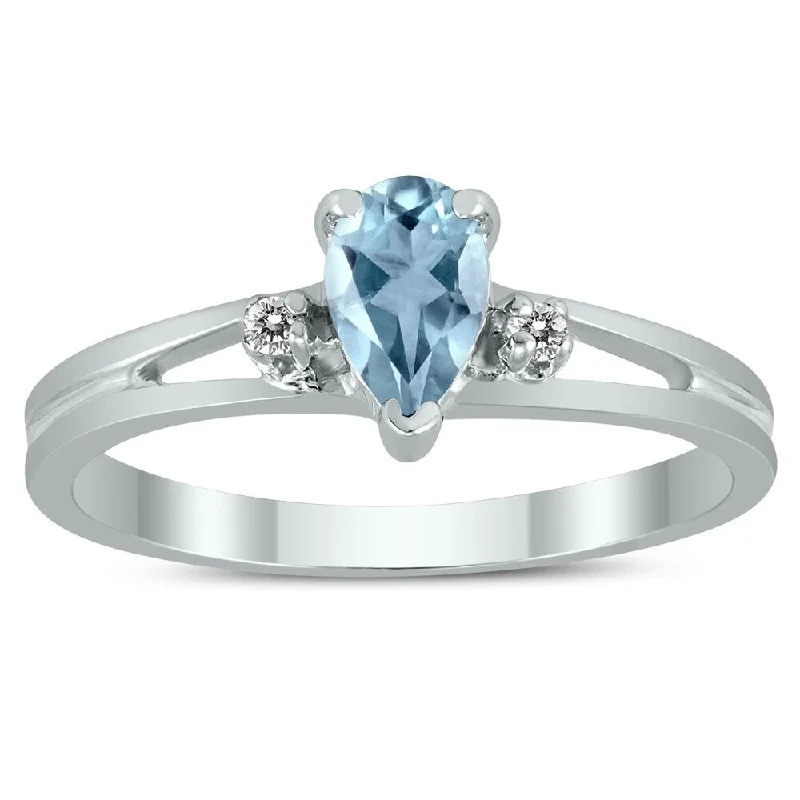 Women’s large ring-6X4MM Aquamarine and Diamond Pear Shaped Open Three Stone Ring in 10K White Gold