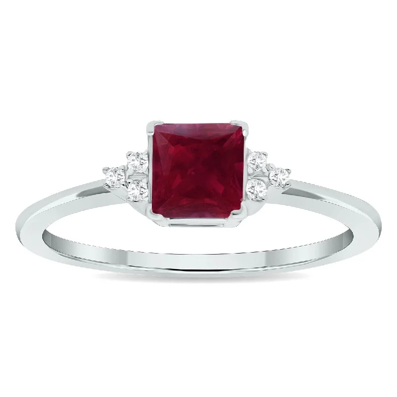 Women’s rose gold ring-Women's Princess Cut Ruby and Diamond Half Moon Ring in 10K White Gold