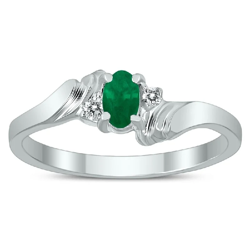 Women’s diamond engagement ring-5X3MM Emerald and Diamond Wave Ring in 10K White Gold