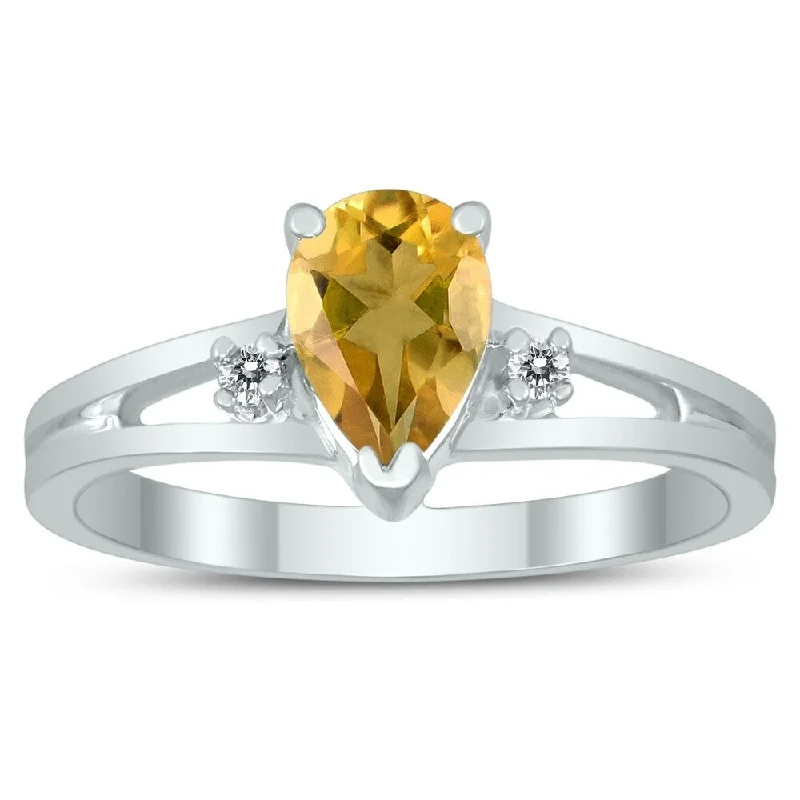 Women’s luxury wedding ring-7X5MM Citrine and Diamond Pear Shaped Open Three Stone Ring in 10K White Gold