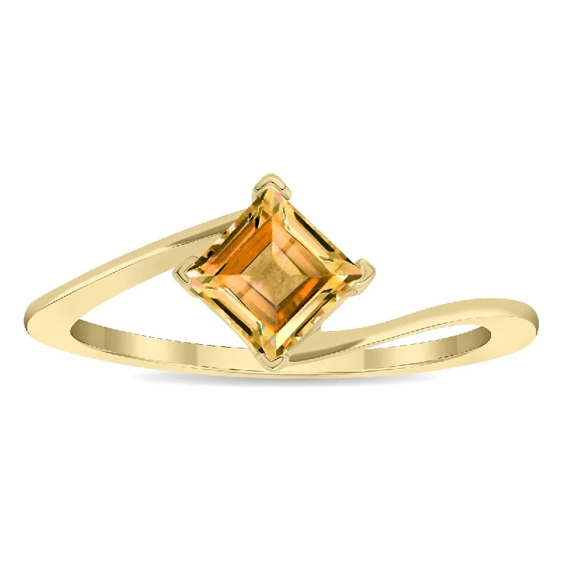 Women’s engraved wedding ring-Women's Solitaire Square Shaped Citrine Wave Ring in 10K Yellow Gold