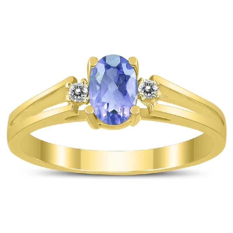 Women’s fancy ring-6X4MM Tanzanite and Diamond Open Three Stone Ring in 10K Yellow Gold