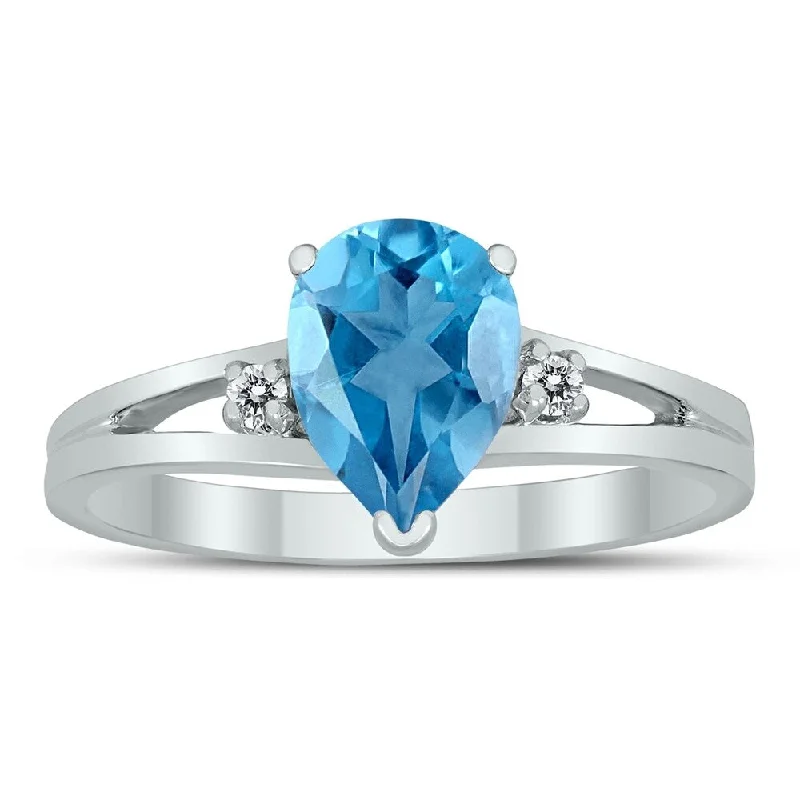 Women’s solitaire diamond ring-8X6MM Blue Topaz and Diamond Pear Shaped Open Three Stone Ring in 10K White Gold