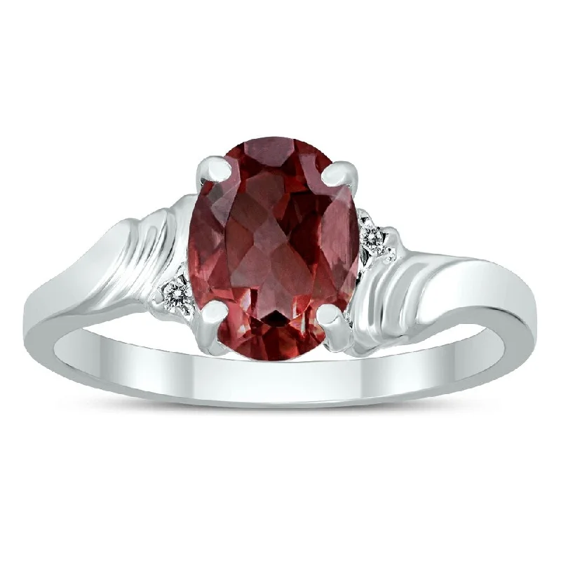 Women’s art deco ring-8X6MM Garnet and Diamond Wave Ring in 10K White Gold