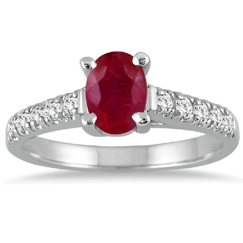 Women’s gold ring-1 Carat Oval Ruby and Diamond Ring in 14K White Gold