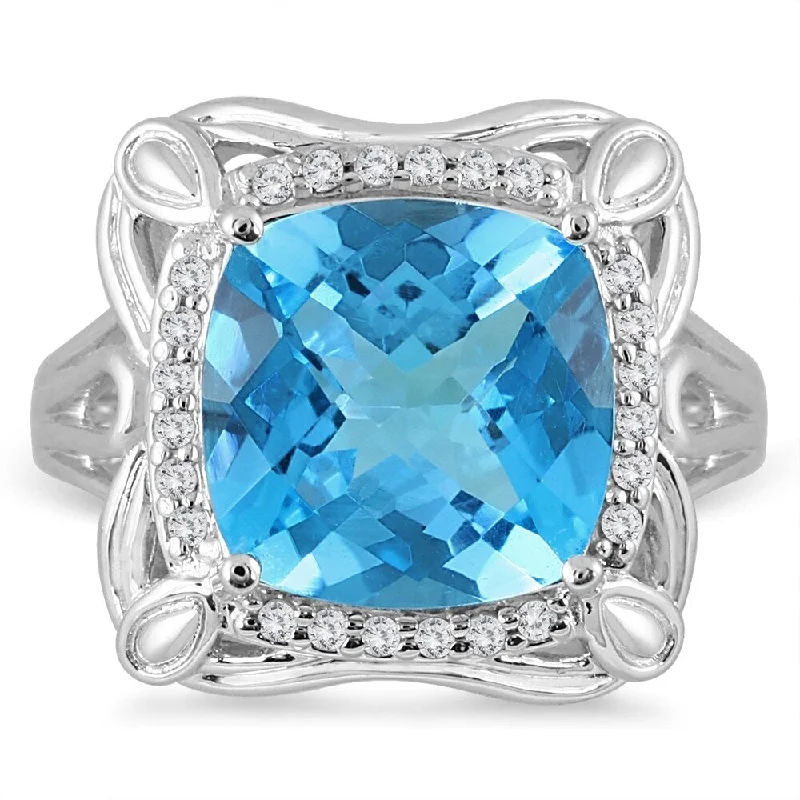 Women’s sapphire and diamond ring-7 Carat Cushion Cut Blue Topaz and Diamond Ring in 10K White Gold