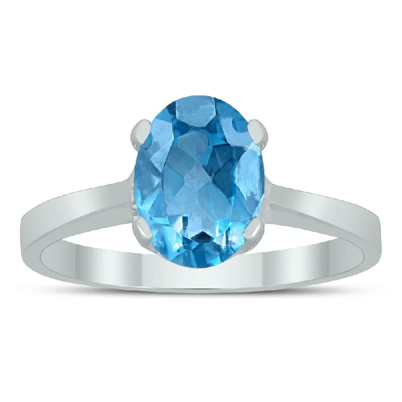 Women’s gemstone ring-Oval Solitaire 8X6MM Blue Topaz Ring in 10K White Gold