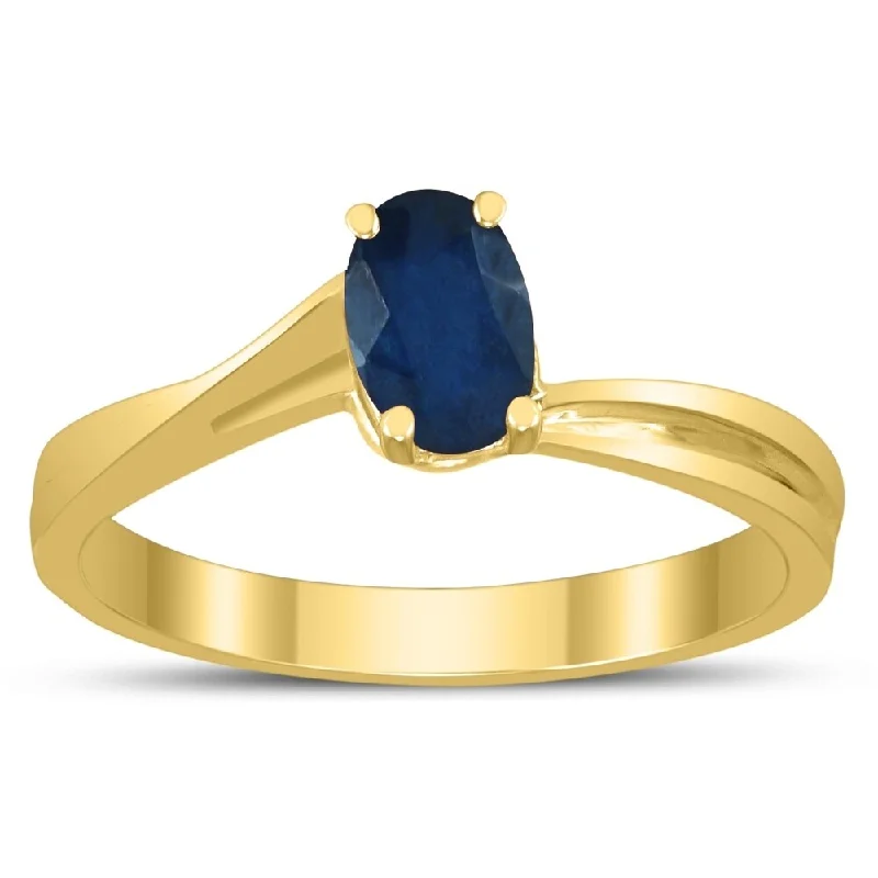 Women’s fashion ring-Solitaire Oval 6X4MM Sapphire Gemstone Twist Ring in 10K Yellow Gold