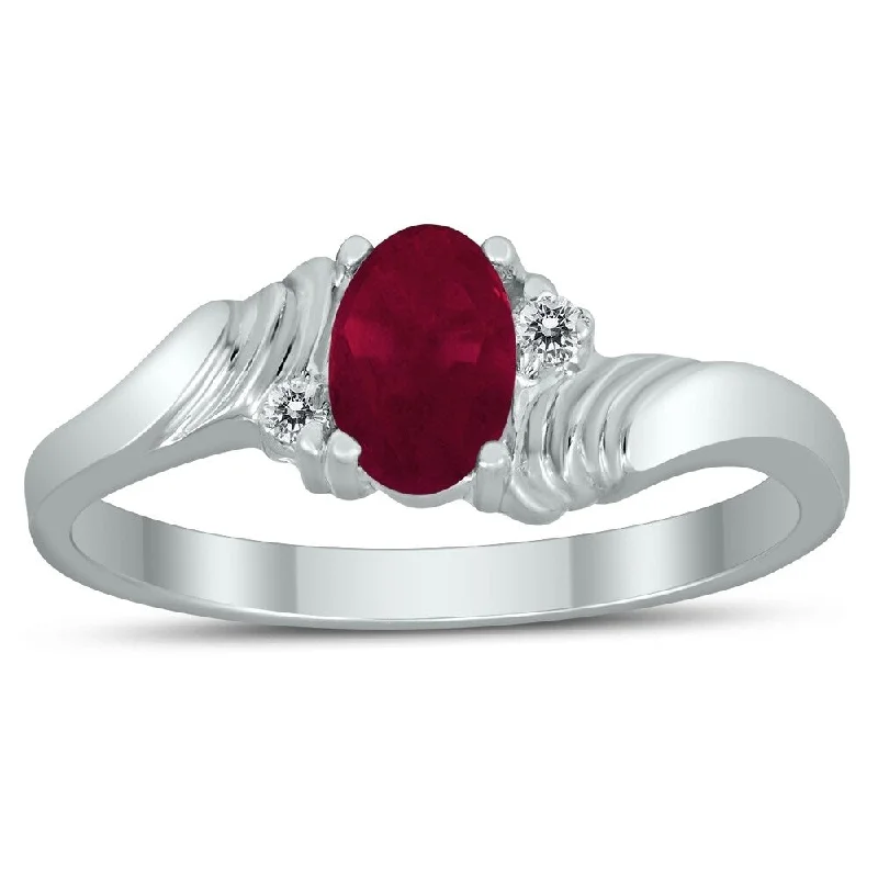 Women’s signet ring-6X4MM Ruby and Diamond Wave Ring in 10K White Gold