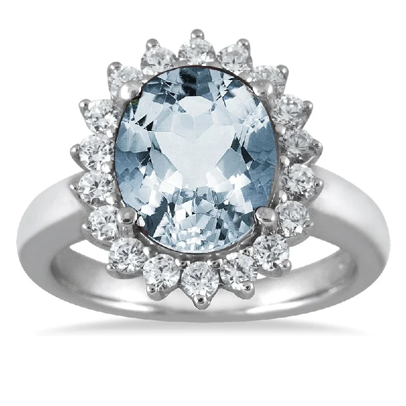 Women’s wedding set ring-4 Carat Aquamarine and Diamond Ring in 14K White Gold