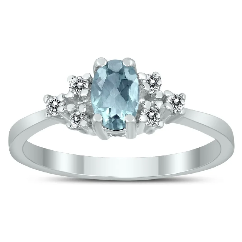 Women’s fashion ring-6X4MM Aquamarine and Diamond Regal Ring in 10K White Gold