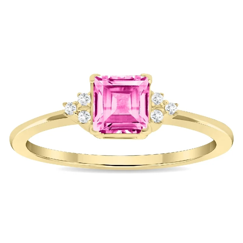 Women’s diamond eternity ring-Women's Square Shaped Pink Topaz and Diamond Half Moon Ring in 10K Yellow Gold