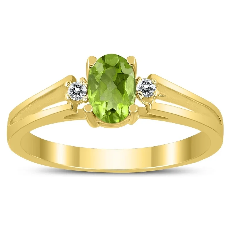 Women’s oval gemstone ring-6X4MM Peridot and Diamond Open Three Stone Ring in 10K Yellow Gold