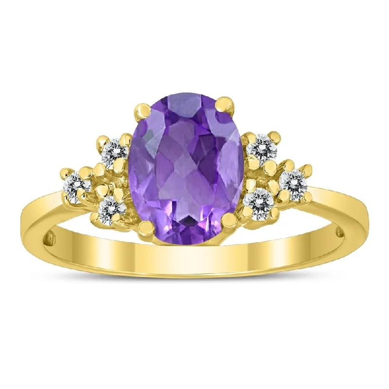 Women’s precious gemstone ring-8X6MM Amethyst and Diamond Regal Ring in 10K Yellow Gold