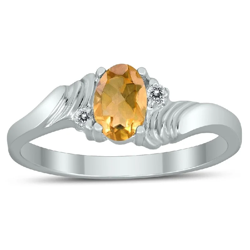 Women’s solitaire ring-6X4MM Citrine and Diamond Wave Ring in 10K White Gold