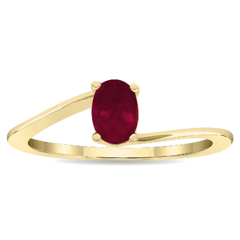 Women’s round diamond ring-Women's Solitaire Oval Shaped Ruby Wave Ring in 10K Yellow Gold