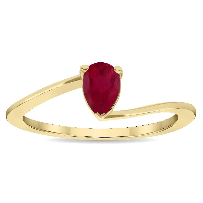 Women’s sapphire ring-Women's Solitaire Pear Shaped Ruby Wave Ring in 10K Yellow Gold