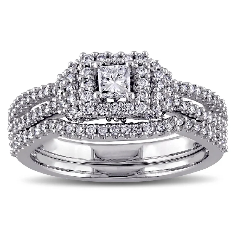 Women’s engagement set ring-3/4ct TDW Princess and Round-Cut Halo Diamond Bridal Ring Set in 14k White Gold by The Miadora Signa