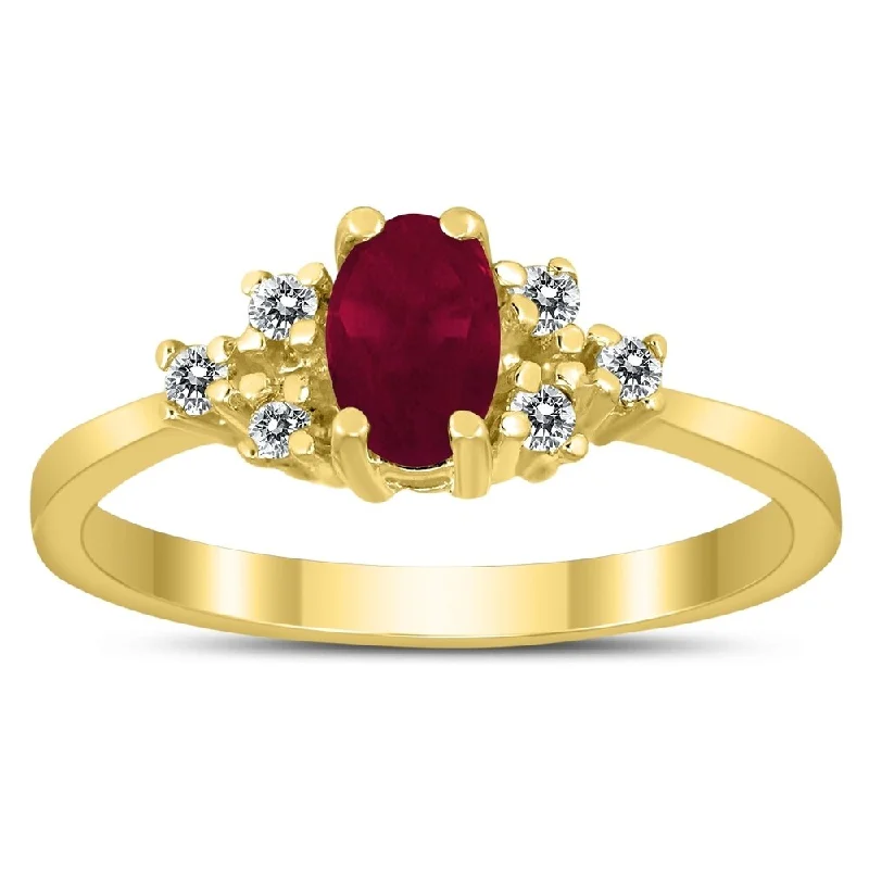 Women’s fashion ring-6X4MM Ruby and Diamond Regal Ring in 10K Yellow Gold