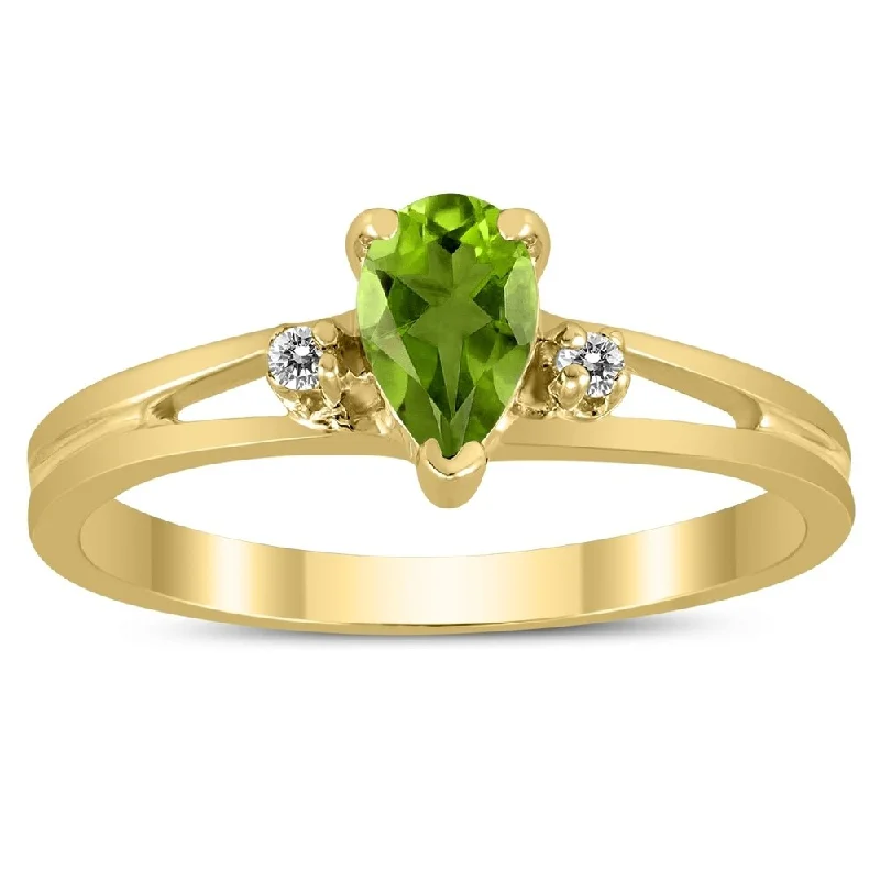 Women’s dainty ring-6X4MM Peridot and Diamond Pear Shaped Open Three Stone Ring in 10K Yellow Gold