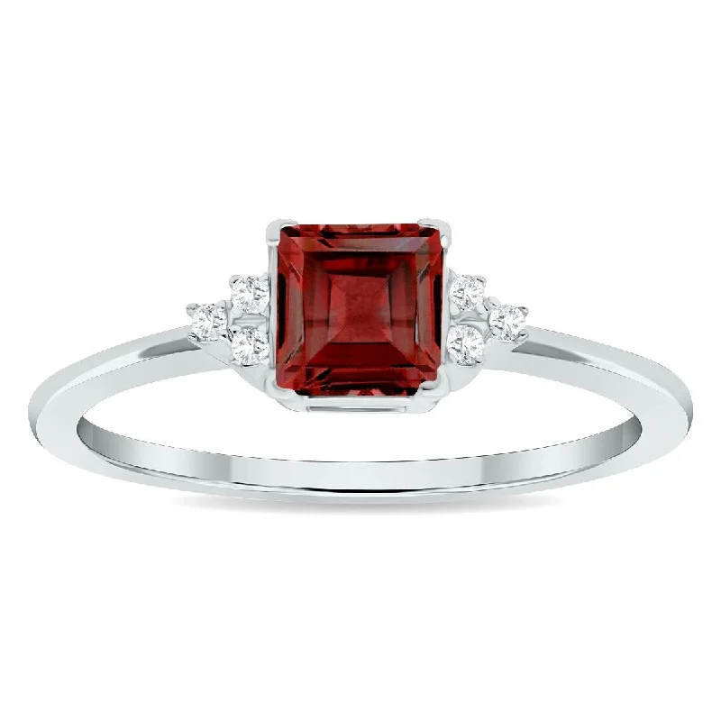 Women’s eternity ring-Women's Princess Cut Garnet and Diamond Half Moon Ring in 10K White Gold