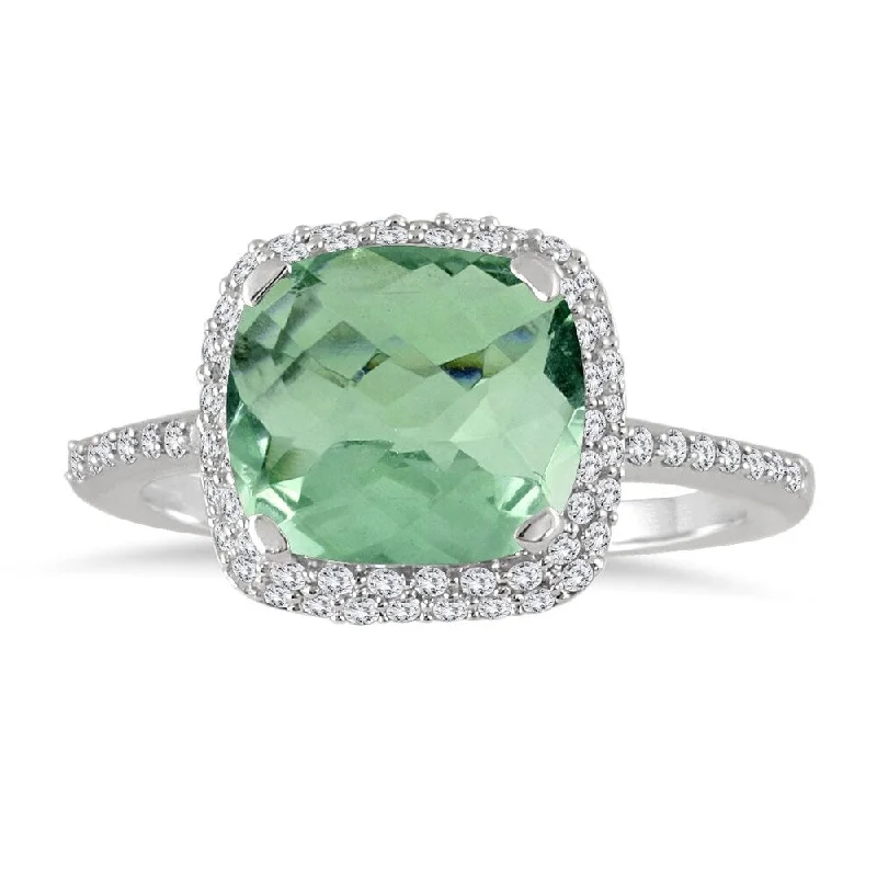 Women’s gold wedding ring-3 1/2 Carat Cushion Cut Green Amethyst and Diamond Halo Ring in 10K White Gold