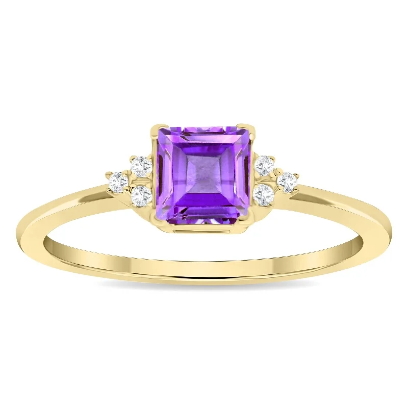 Women’s two-tone ring-Women's Square Shaped Amethyst and Diamond Half Moon Ring in 10K Yellow Gold