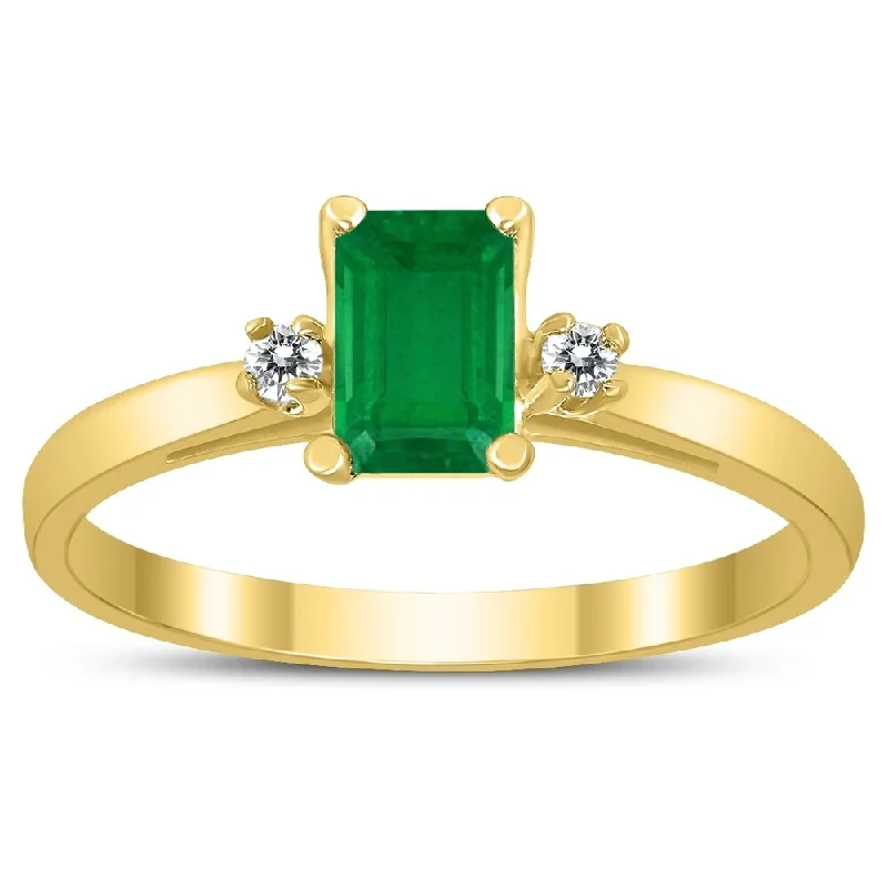 Women’s gemstone ring-Emerald Cut 6X4MM Emerald and Diamond Three Stone Ring in 10K Yellow Gold