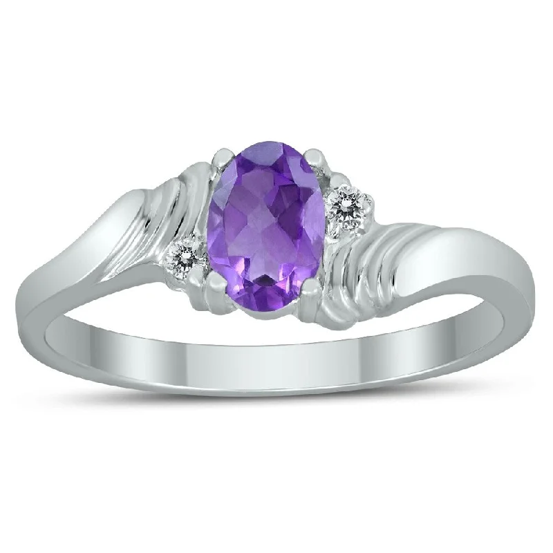 Women’s radiant-cut ring-6X4MM Amethyst and Diamond Wave Ring in 10K White Gold