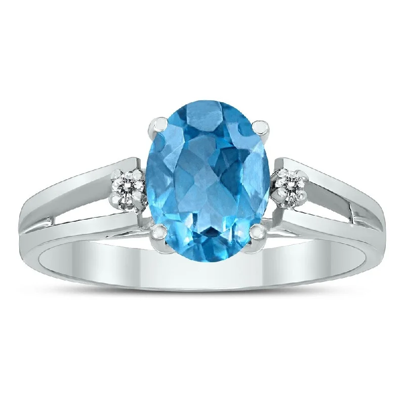 Women’s sapphire and diamond ring-8X6MM Blue Topaz and Diamond Open Three Stone Ring in 10K White Gold