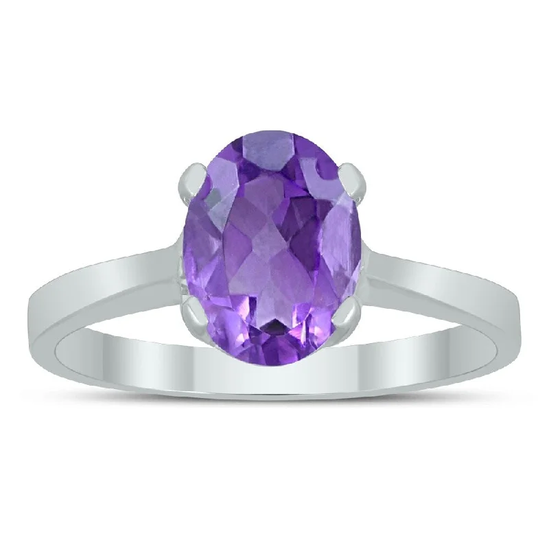 Women’s cubic zirconia ring-Oval Solitaire 8X6MM Amethyst Ring in 10K White Gold