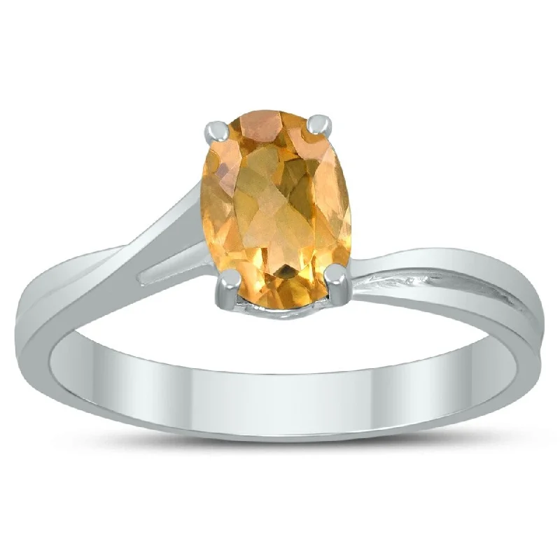 Women’s intricate ring-Solitaire Oval 7X5MM Citrine Gemstone Twist Ring in 10K White Gold