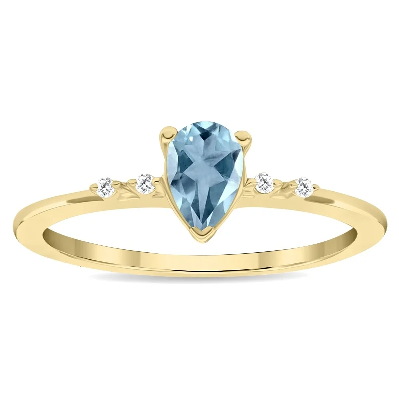 Women’s celestial ring-Women's Pear Shaped Aquamarine and Diamond Sparkle Ring in 10K Yellow Gold