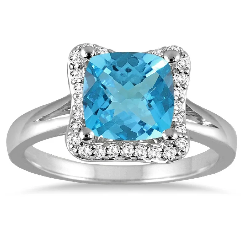 Women’s gemstone stacking ring-2 Carat Cushion Cut Blue Topaz and Diamond Ring in 14K White Gold