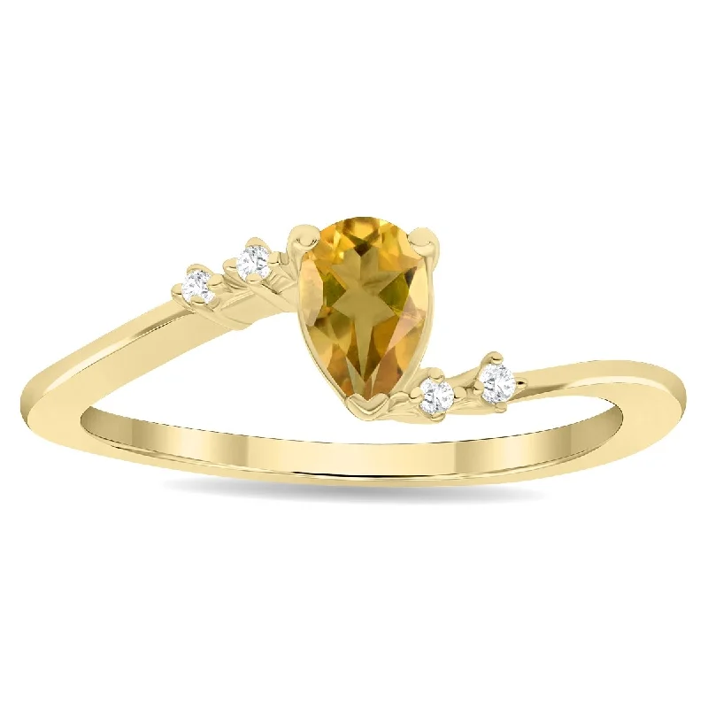 Women’s chic ring-Women's Pear Shaped Citrine and Diamond Wave Ring in 10K Yellow Gold