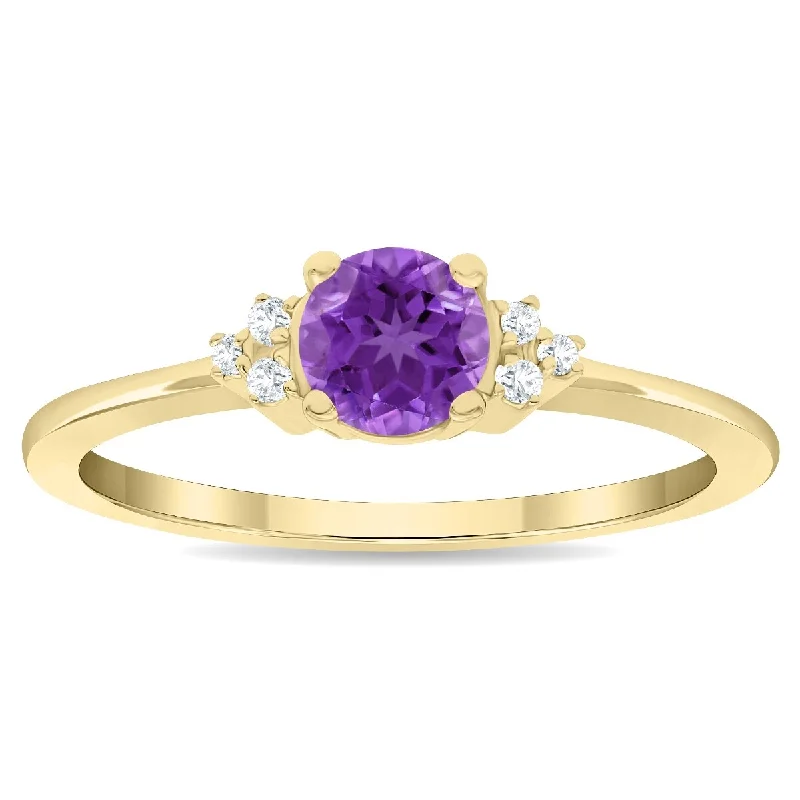 Women’s large ring-Women's Round Shaped Amethyst and Diamond Half Moon Ring in 10K Yellow Gold