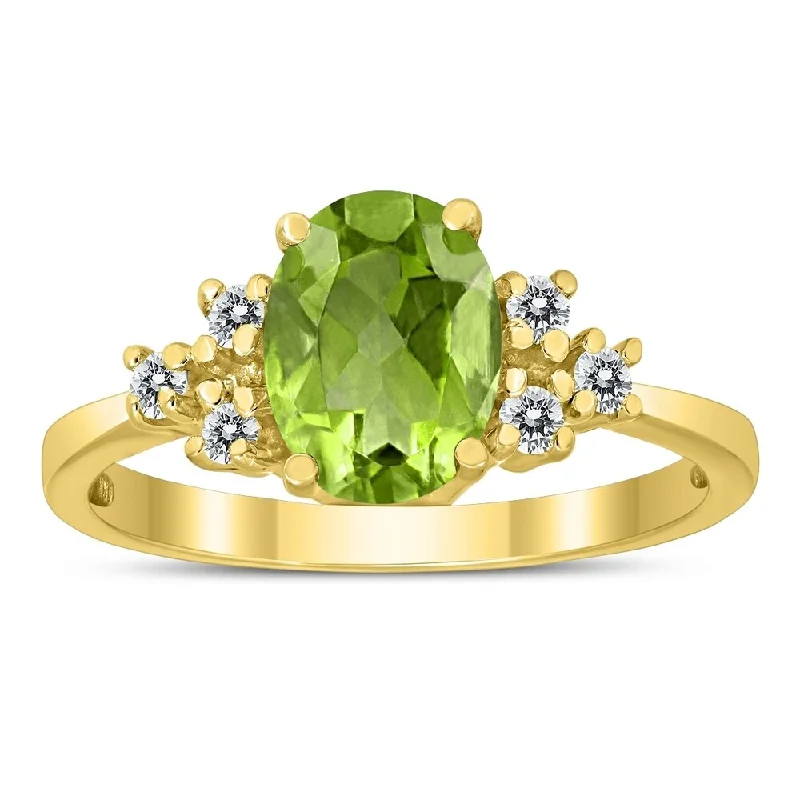 Women’s stackable ring-8X6MM Peridot and Diamond Regal Ring in 10K Yellow Gold