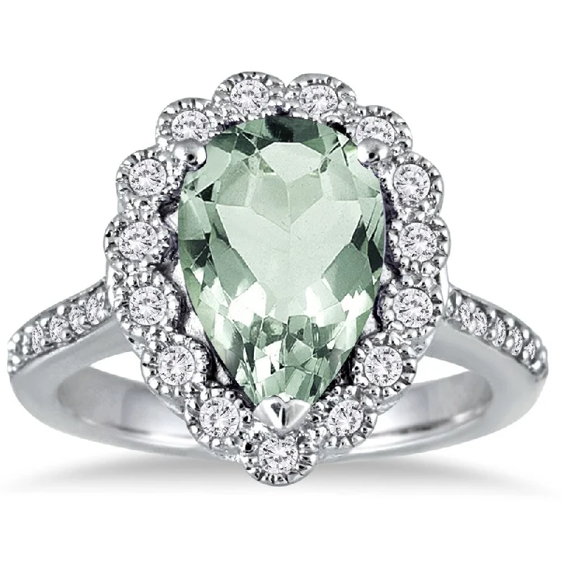 Women’s solitaire diamond ring-5 Carat Pear Shape Green Amethyst and Diamond Ring in 14K White Gold