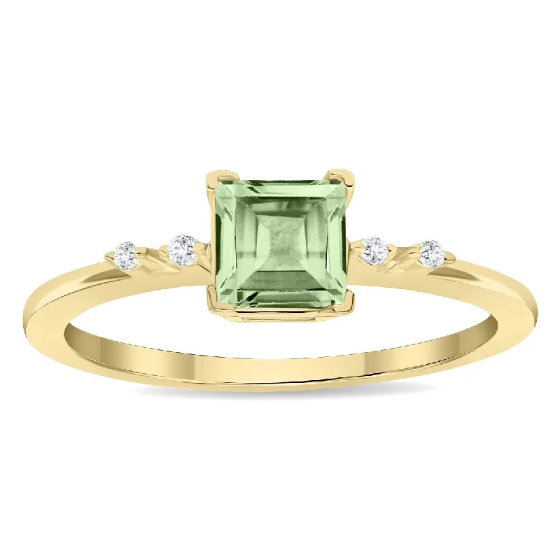 Women’s floral design ring-Women's Square Shaped Green Amethyst and Diamond Sparkle Ring in 10K Yellow Gold