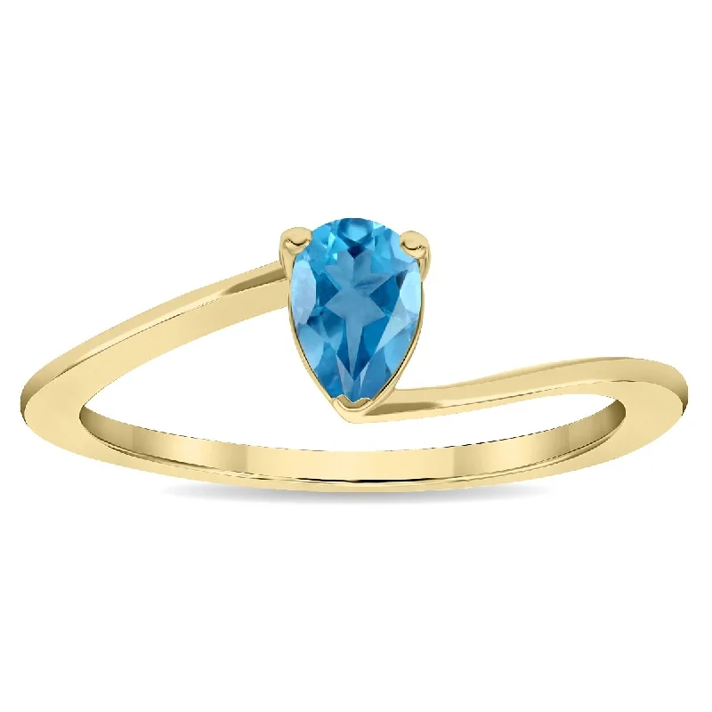 Women’s large gemstone ring-Women's Solitaire Pear Shaped Blue Topaz Wave Ring in 10K Yellow Gold