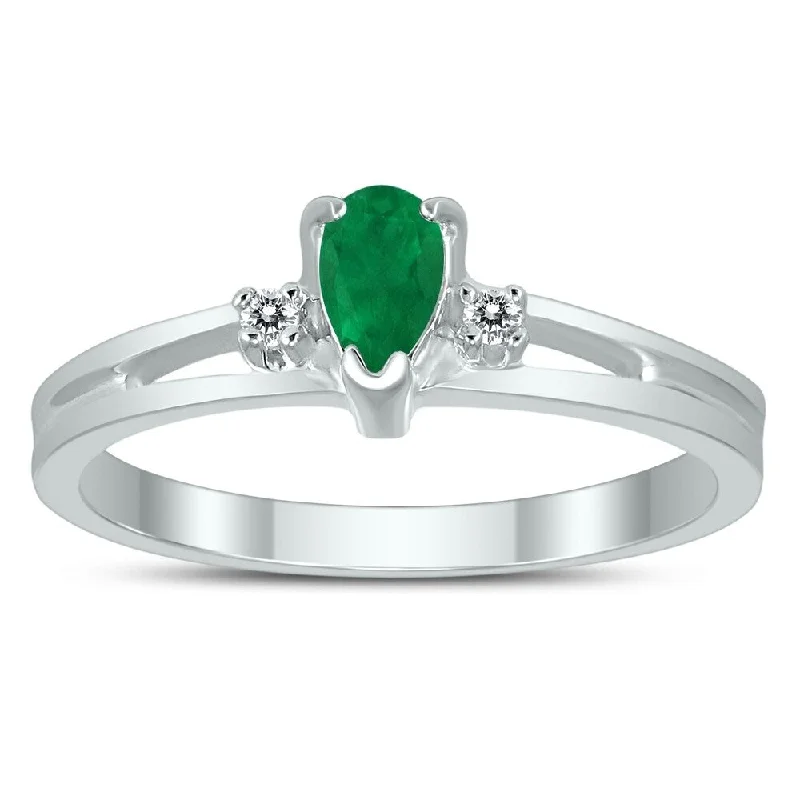 Women’s art nouveau ring-5X3MM Emerald and Diamond Pear Shaped Open Three Stone Ring in 10K White Gold