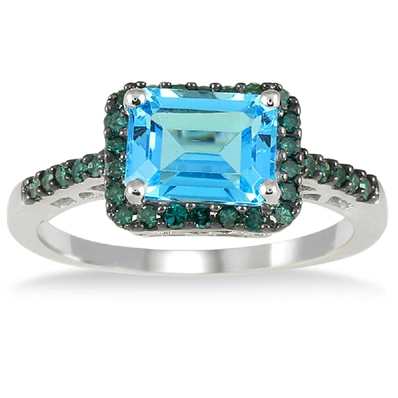 Women’s double ring-2 1/2 Carat Emerald Cut Blue Topaz and Blue Diamond Ring in 10K White Gold