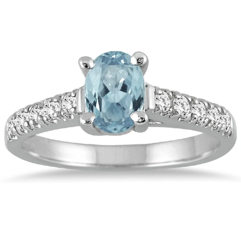 Women’s celestial ring-1 Carat Oval Aquamarine and Diamond Ring in 14K White Gold